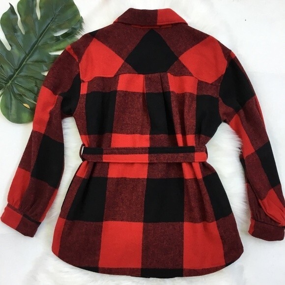 Laundry by Shelli Segal Buffalo Plaid Belted Flannel Shacket Red & Black M - Picture 5 of 10